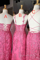 Gorgeous Hot Pink Lace Appliques Long Formal Dresses