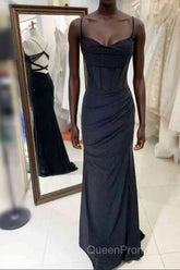 Black Pleated Long Evening Prom Dresses with Spaghetti Straps