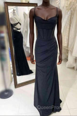Black Pleated Long Evening Prom Dresses with Spaghetti Straps