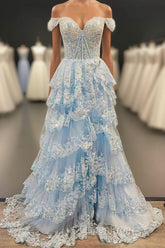 Light Blue Corset Lace Tiered Tulle Long Formal Dresses