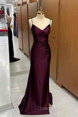 Cabernet Satin V Neck Lace-Up Back Pleated Long Evening Prom Dresses with Silt