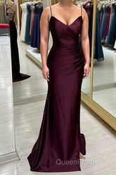 Cabernet Satin V Neck Lace-Up Back Pleated Long Evening Prom Dresses with Silt