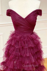 Off the Shoulder Burgundy Pleated Sheer Tiered Evening Prom Dresses