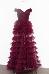 Off the Shoulder Burgundy Pleated Sheer Tiered Evening Prom Dresses