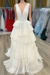 White V-Neck Pleated Layered Long Formal Dresses