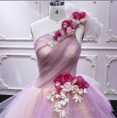 Puffy One Shoulder Sleeveless Tulle Evening Prom Dresses with Flowers, Ruffles Quinceanera Dresses