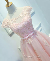 Pink Lace Tulle Short Evening Prom Dresses, Pink Evening Dresses