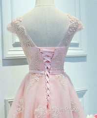 Pink Lace Tulle Short Evening Prom Dresses, Pink Evening Dresses