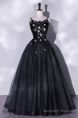 Black Tulle Long A-Line Evening Gown, Black Spaghetti Strap Evening Gown