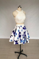 Two Piece Ivory Jewel Floral Print Satin Short Homecoming Dress With Pearls
