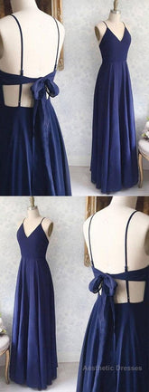 Great Evening Dresses, Backless Sexy Spaghetti Straps Backless Navy Blue Chiffon A Line Floor Length Prom Dress