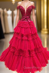 Off the Shoulder Red Appliques Tiered Long Formal Dresses