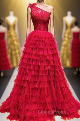 One Shoulder Lace and Tulle Tiered Ruffle Evening Prom Dresses