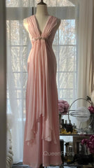 Gentle Pink Sheath Chiffon Ribbon V-Neck Simple Evening Prom Dresses