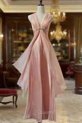 Gentle Pink Sheath Chiffon Ribbon V-Neck Simple Evening Prom Dresses