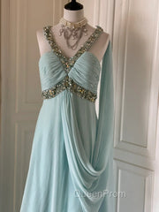 Gentle Tiffany Blue Chiffon V-Neck Beaded Sequin A-Line Long Evening Prom Dresses Wedding Evening Dresses