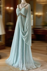 Gentle Tiffany Blue Chiffon V-Neck Beaded Sequin A-Line Long Evening Prom Dresses Wedding Evening Dresses