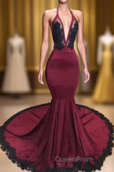 Burgundy Halter Deep V Neck Mermaid Evening Prom Dresses with Lace, Long Evening Gown