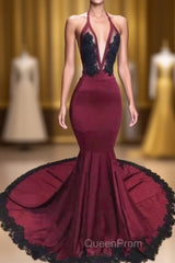 Burgundy Halter Deep V Neck Mermaid Evening Prom Dresses with Lace, Long Evening Gown