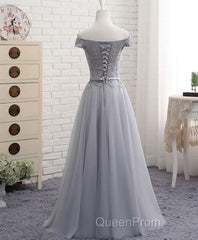 Gray A Line Lace Off Shoulder Evening Prom Dresses, Lace Evening Dresses