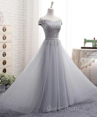 Gray A Line Lace Off Shoulder Evening Prom Dresses, Lace Evening Dresses