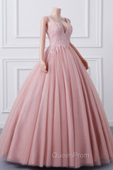 Girls Sequins V neck Dusty Rose Evening Prom Dresses A-line Tulle Ball Gown Quinceanera Dresses Sweet 16 Party Dresses
