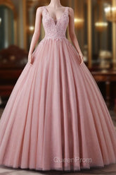 Girls Sequins V neck Dusty Rose Evening Prom Dresses A-line Tulle Ball Gown Quinceanera Dresses Sweet 16 Party Dresses