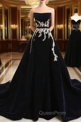 Glam Black Velvet Long Formal Gown With Gold Lace, Black Velvet Evening Prom Dresses Evening Dresses