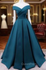Glam Blue Satin Long Off Shoulder Party Dresses, A-line Evening Prom Dresses