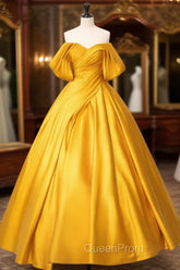 Glam Gold Satin Ball Gown Floor Length Evening Dresses, Gold Evening Prom Dresses Party Dresses