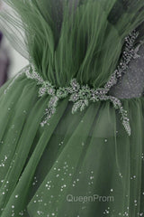 Glam Green Layers Tulle Straps Beaded Long Party Dresses, Green Long Evening Dresses