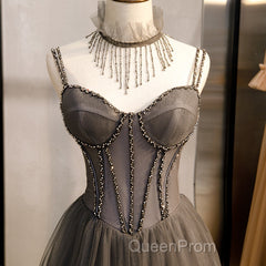 Glam Grey Beaded Tulle Long Evening Dresses Party Dresses, A-Line Straps Evening Formal Dresses
