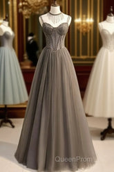 Glam Grey Beaded Tulle Long Evening Dresses Party Dresses, A-Line Straps Evening Formal Dresses