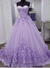 Glam Light Purple Sweet 16 Gown Tulle with Lace Applique, Lavender Tulle Evening Gowns