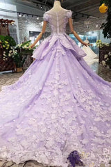 Glam Light Purple Tulle With Lace Applique Sweet 16 Dresses, Light Purple Evening Prom Dresses