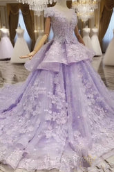 Glam Light Purple Tulle With Lace Applique Sweet 16 Dresses, Light Purple Evening Prom Dresses