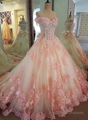 Glam Pink Flowers Tulle Off Shoulder Sweet 16 Dress, Ball Gown Formal Dress
