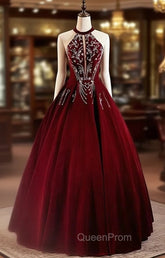 Glam Wine Red Beaded Velvet Halter Evening Dresses, Wine Red Velvet Evening Prom Dresses
