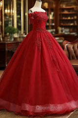 Glam Wine Red Quinceanera Dresses Party Dresses, Tulle Long Embroidered with Flowers Evening Dresses