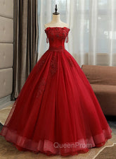 Glam Wine Red Quinceanera Dresses Party Dresses, Tulle Long Embroidered with Flowers Evening Dresses