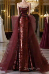 Glam Wine Red Sequins And Tulle Long Party Dresses, Wine Red Evening Dresses Evening Prom Dresses