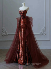 Glam Wine Red Sequins And Tulle Long Party Dresses, Wine Red Evening Dresses Evening Prom Dresses