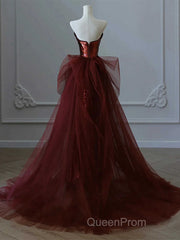 Glam Wine Red Sequins And Tulle Long Party Dresses, Wine Red Evening Dresses Evening Prom Dresses