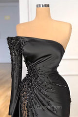 Glamorous Black Long Sleeve One Shoulder Evening Prom Dresses Beadings Evening Gowns