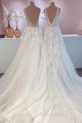 Glamorous Long A-Line Open Back Tulle Appliques Lace Wedding Dresses