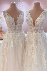 Glamorous Long A-Line Open Back Tulle Appliques Lace Wedding Dresses