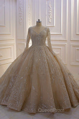 Glamorous Long Sleeve V-neck Sequin Beading Ball Gown Wedding Dresses