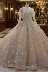 Glamorous Long Sleeve V-neck Sequin Beading Ball Gown Wedding Dresses