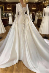 Glamorous Long Sleeves Pearls Wedding Dresses Mermaid With Detachable Train