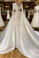 Glamorous Long Sleeves Pearls Wedding Dresses Mermaid With Detachable Train